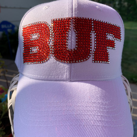 Adjustable White Baseball Cap w/Red Bling